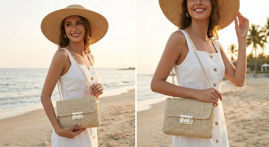 Women's hand-woven straw shoulder bag, fashion solid color crossbody with lock closure.